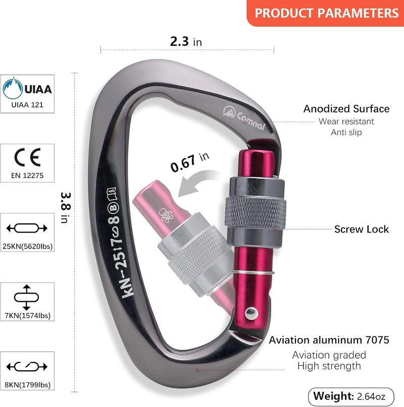 CAMNAL Heavy Duty Carabiner UIAA Certified Locking Carabiner 25KN (About 5620 lbs) Screw Lock Carabiner D Shape Carabiner Clip for Rock Climbing, Mountaineer, Aerial Work - Image 5